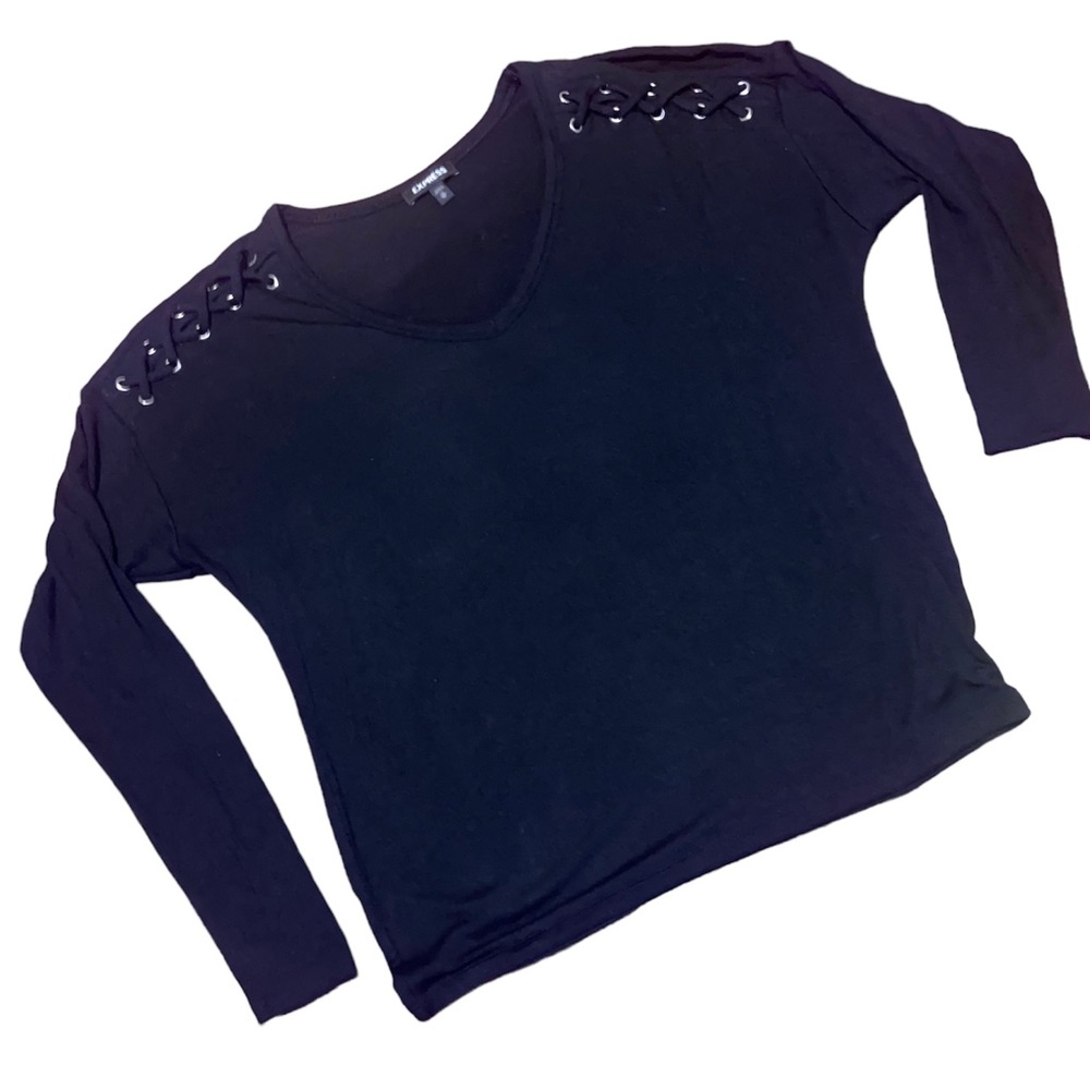 Women’s Black Express Lace-Up Shoulder Long Sleeve Blouse
